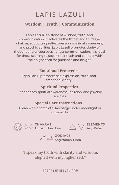 Lapis lazuli meaning card back showing properties, chakras and affirmation — Fragrant Heaven