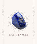 Lapis lazuli meaning card front showing deep blue tumbled stone with gold pyrite flecks on cream card — Fragrant Heaven