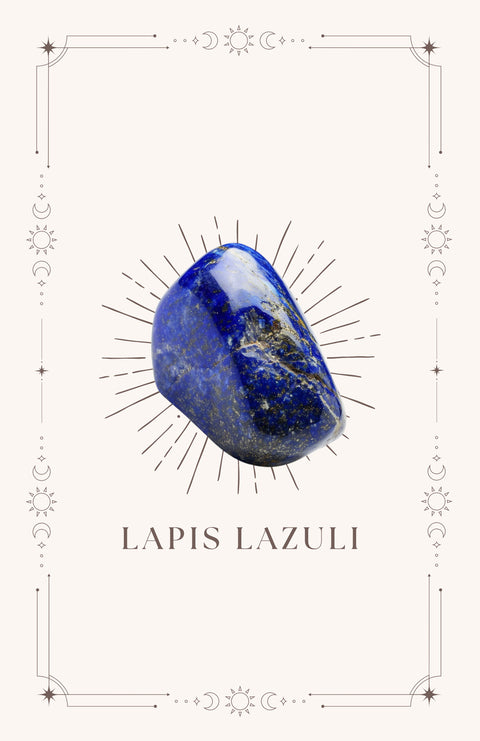 Lapis lazuli meaning card front showing deep blue tumbled stone with gold pyrite flecks on cream card — Fragrant Heaven