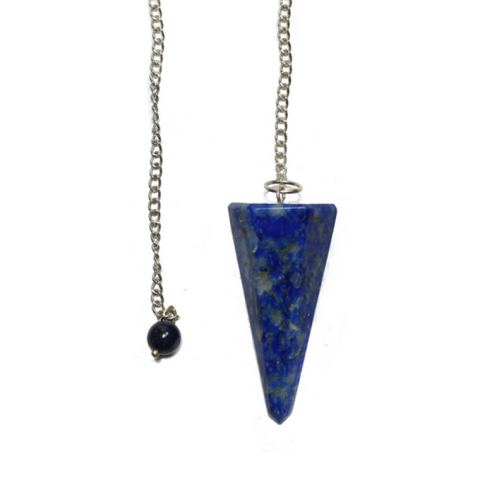 Close up of faceted lapis lazuli pendulum tip showing deep blue colour and golden pyrite flecks — Fragrant Heaven