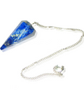 Faceted lapis lazuli pendulum on metal chain showing deep blue with gold pyrite flecks — Fragrant Heaven