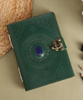 leather journal with stone centre and mandala embossed design for reflection and journaling