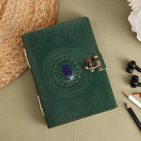leather journal with stone centre and mandala embossed design for reflection and journaling