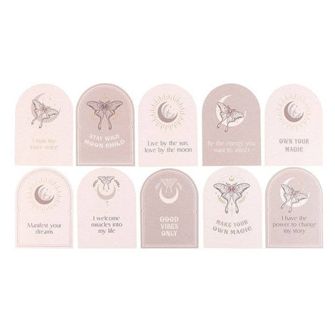 Luna Moth Affirmation Cards full set featuring moon and moth designs with positive quotes for daily inspiration.