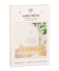 Luna Moth Affirmation Cards boxed set showing 10 inspirational cards and wooden display stand.