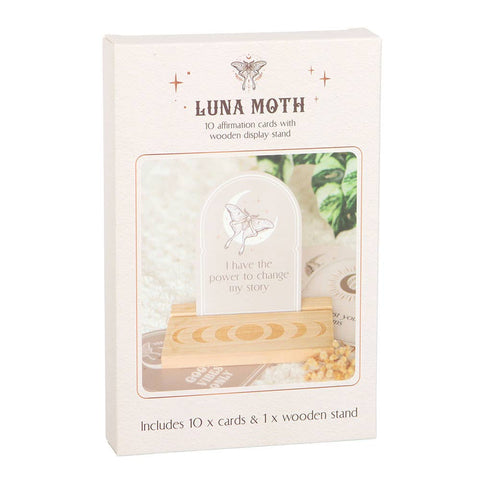 Luna Moth Affirmation Cards boxed set showing 10 inspirational cards and wooden display stand.