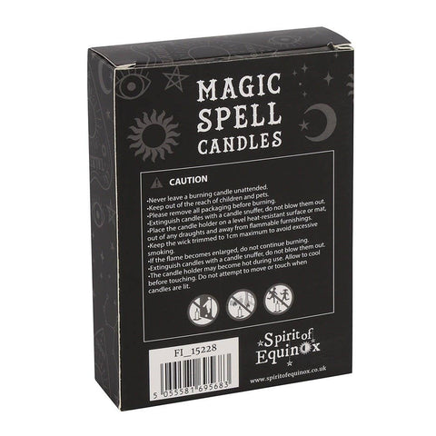 Box of Magic Spell Candles with warning text and branding on a white background