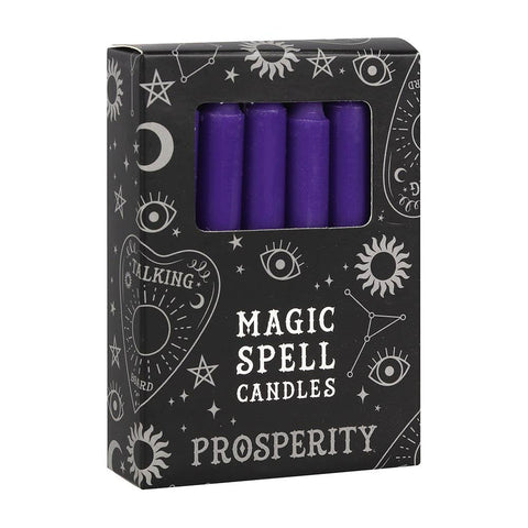 Box of purple 'Magic Spell Candles' with 'Prosperity' text on a white background