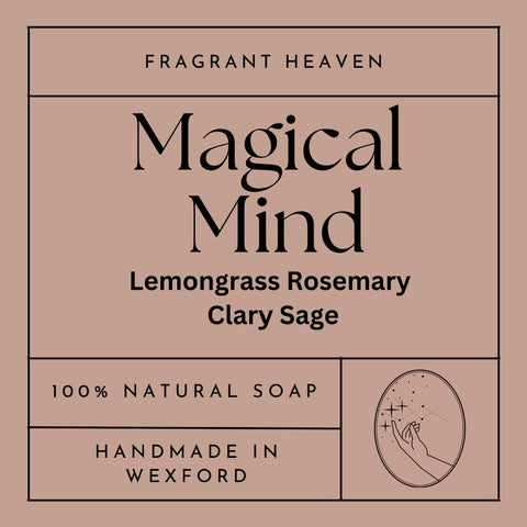 Front label of Magical Mind Handmade Soap Bar, 100% natural with lemongrass, rosemary, and clary sage, infused with coconut milk for a revitalizing and energizing cleanse.