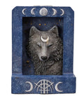 Moon Phase Wolf Backflow Burner incense holder made from cold cast resin, featuring a wolf head with a crescent moon and moon phase symbols. Used for meditation, rituals, and creating a calming smoke effect with incense cones.