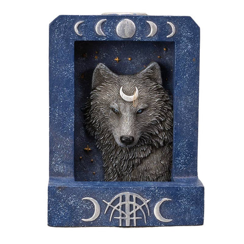 Moon Phase Wolf Backflow Burner incense holder made from cold cast resin, featuring a wolf head with a crescent moon and moon phase symbols. Used for meditation, rituals, and creating a calming smoke effect with incense cones.