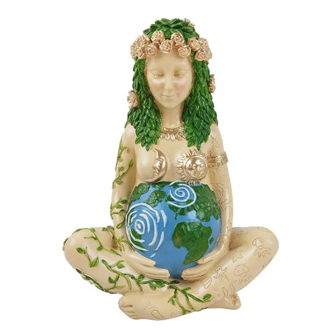 Mother Earth figurine holding the Earth in a seated pose
