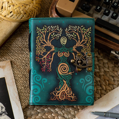 Mother earth leather journal with tree of life design on green vintage style cover