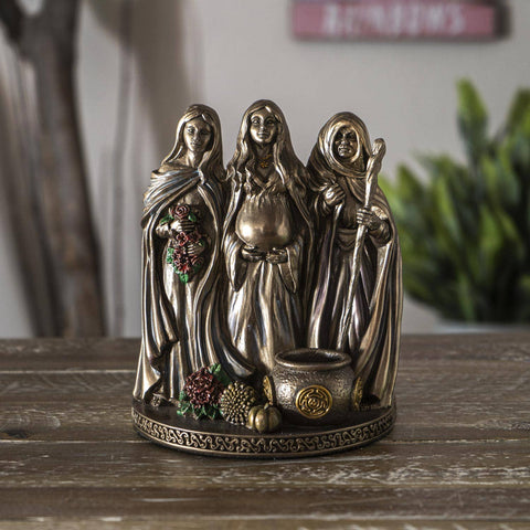 Mother, Maiden & Crone resin statue depicting the triple goddess, symbolizing youth, creation, and wisdom. Used for altars, rituals, and spiritual décor.