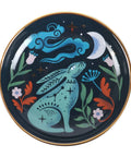 Close-up of Mystical Midnight Hare Trinket Dish featuring moon-gazing hare design with gold trim