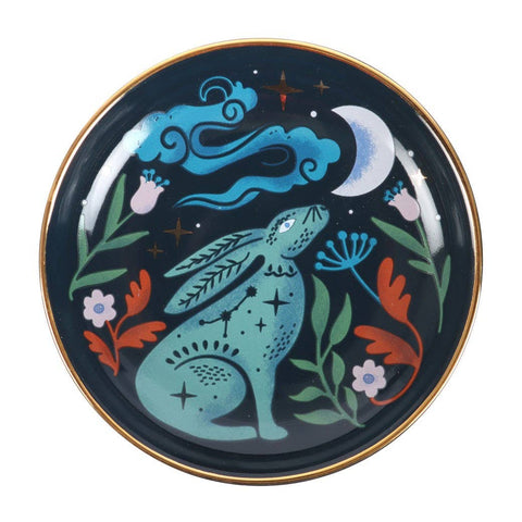 Close-up of Mystical Midnight Hare Trinket Dish featuring moon-gazing hare design with gold trim