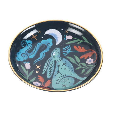 Side view of Mystical Midnight Hare Trinket Dish showing blue and gold celestial artwork