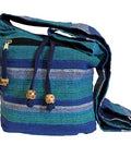 Blue Nepal sling bag with wide strap and zip pocket in striped woven fabric for everyday use and travel