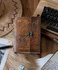 Owl embossed leather journal diary with detailed owl design on genuine leather cover