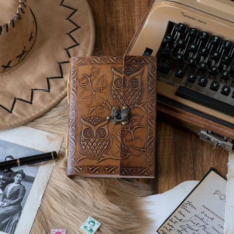 Owl embossed leather journal diary with detailed owl design on genuine leather cover