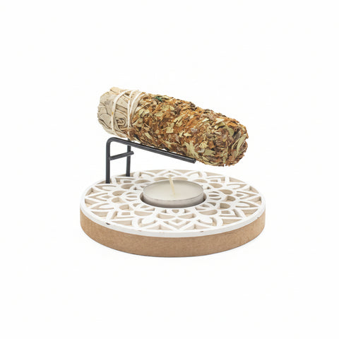 Wooden palo santo burner with tealight and palo santo stick on metal holder