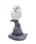 Resin owl statue perched on purple witch hat, symbolizing intuition, hidden knowledge, and spiritual protection. Used for Wicca decoration, altars, and mystical décor.