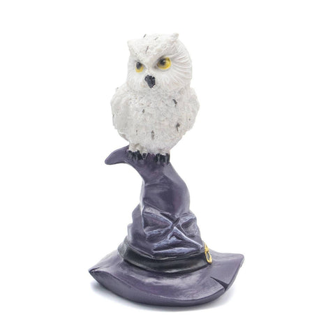 Resin owl statue perched on purple witch hat, symbolizing intuition, hidden knowledge, and spiritual protection. Used for Wicca decoration, altars, and mystical décor.
