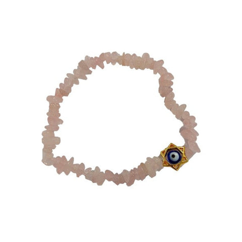 Rose Quartz chip bracelet with gold star and Turkish Eye charm symbolising love, protection, and emotional healing. Associated with the Heart Chakra.
