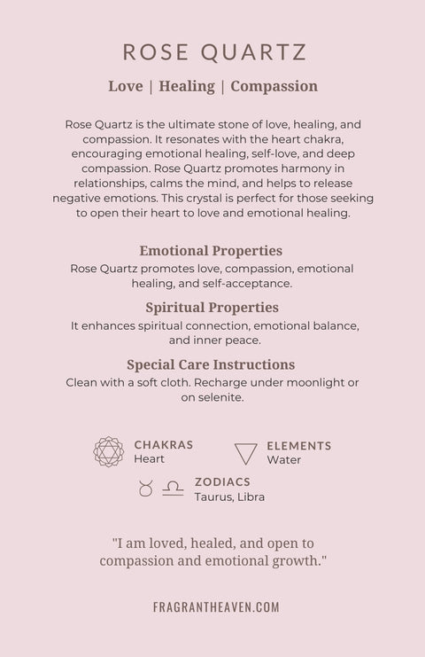 Fragrant Heaven rose quartz meaning card — 68x105mm, full colour, with properties, chakras, zodiacs and affirmation. Perfect crystal gift accessory.