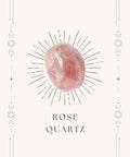 Rose quartz meaning card front showing pink tumbled stone on cream mystical bordered card — Fragrant Heaven