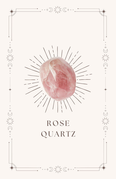 Rose quartz meaning card front showing pink tumbled stone on cream mystical bordered card — Fragrant Heaven