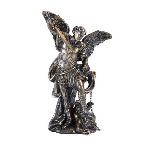 Saint Michael resin statue holding a sword, triumphing over evil, symbolizing protection, courage, and strength. Used for altars, sacred spaces, and spiritual decor.