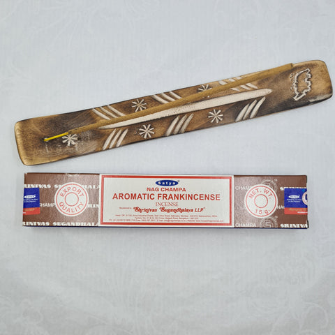 Satya Aromatic Frankincense Nag Champa Incense Sticks 15g box on a white background, perfect for meditation and prayer.