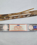 Satya Good Vibes Nag Champa Incense Sticks 15g box on a white background, offering a joyful and uplifting fragrance.