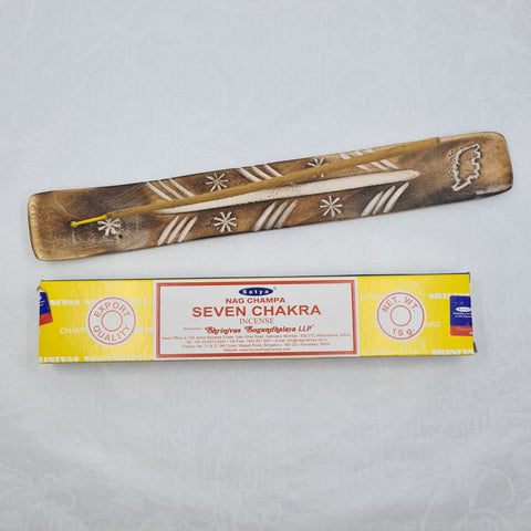 Satya Seven Chakra Nag Champa Incense Sticks 15g box on a white background, crafted for chakra alignment and balance.