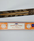 Satya Spiritual Aura Nag Champa Incense Sticks 15g box on a white background, designed to promote peace and clarity.