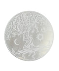 Round selenite charging plate 8cm with Tree of Life carving on white background — Fragrant Heaven