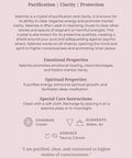 Selenite meaning card back showing properties, chakras and affirmation — Fragrant Heaven