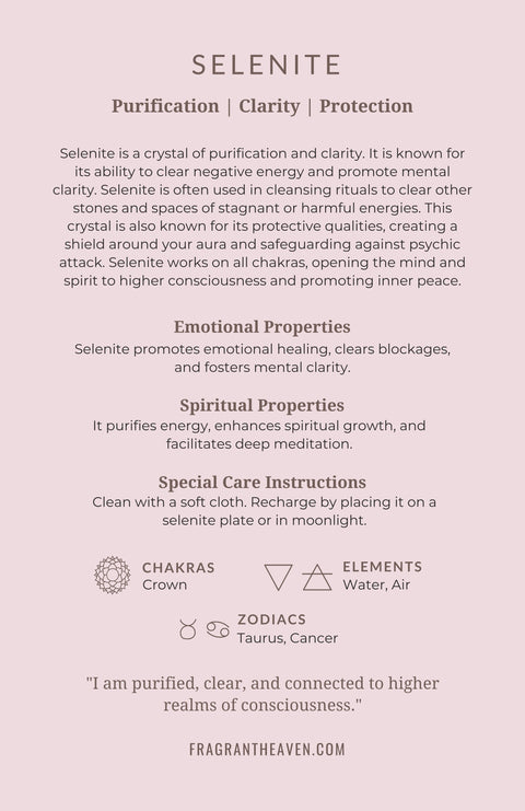 Selenite meaning card back showing properties, chakras and affirmation — Fragrant Heaven