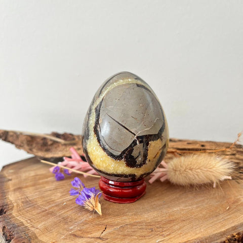 Septarian crystal egg with natural brown, yellow and black patterns for grounding and strength