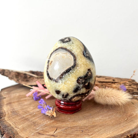 Septarian crystal egg with yellow calcite and dark natural patterns for grounding and strength