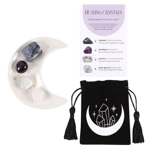 Healing Crystal Set with Sodalite, Amethyst, Howlite and Clear Quartz on crescent moon trinket dish