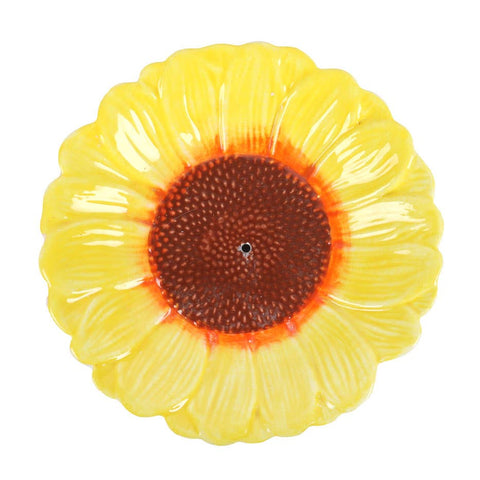 Top view of sunflower-shaped ceramic incense holder on white background