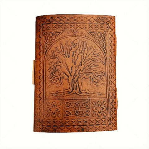tree embossed leather journal diary with detailed tree of life design on genuine leather cover