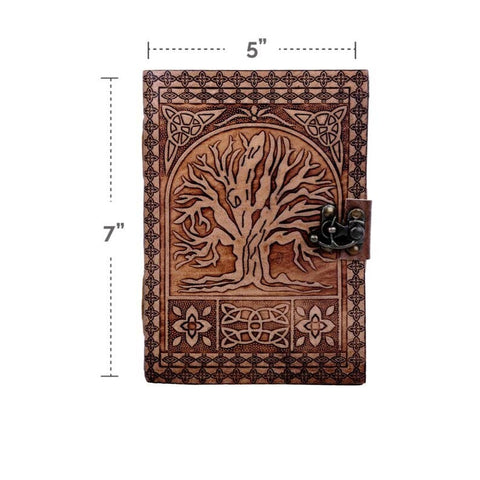 tree embossed leather journal diary showing 7x5 inch size with clasp closure detail