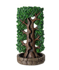 Tree of Life Backflow Burner front view incense holder made from cold cast resin, with green leaves and a detailed tree design. Used with incense cones for meditation, relaxation, and creating a calming atmosphere.