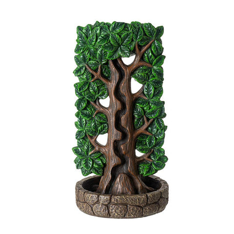 Tree of Life Backflow Burner front view incense holder made from cold cast resin, with green leaves and a detailed tree design. Used with incense cones for meditation, relaxation, and creating a calming atmosphere.