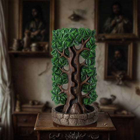 Tree of Life Backflow Burner incense holder made from cold cast resin, featuring a detailed tree design with green leaves. Symbol of growth and connection, used for meditation, relaxation, and creating a calming atmosphere with incense cones.
