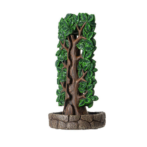 Tree of Life Backflow Burner side view incense holder made from cold cast resin, featuring tree trunk and green leaf detailing. Symbol of growth and renewal, used for meditation and home energy cleansing.