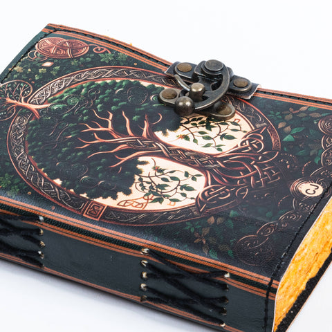 Leather journal tree of life design with clasp closure detailed view